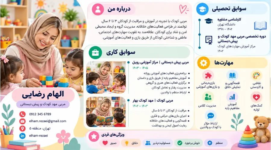 نمونه رزومه مربی مهد کودک
